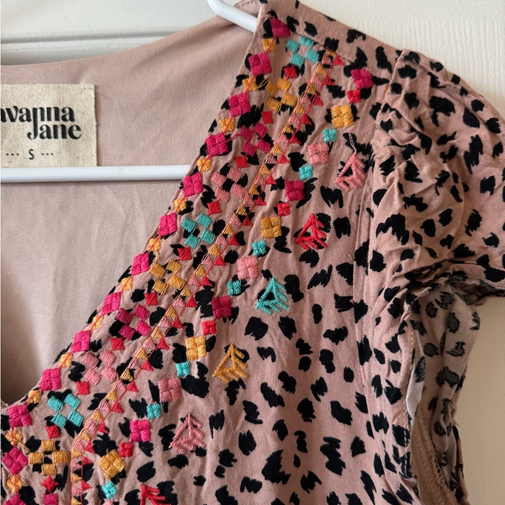 Savannah Jane Pink,turquoise and yellow Dress w/ embroidered front slip over - Picture 3 of 8